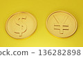 Dollar and yen gold coins on a yellow background Image of good fortune 136282898