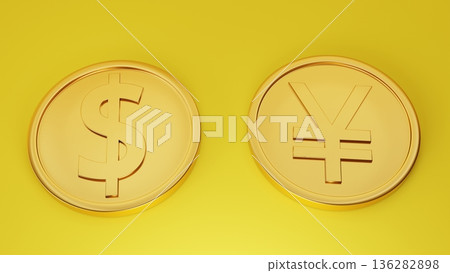 黃色背景上的美元和日元金幣,象徵好運 黃色背景上的美元和日元金幣,象徵好運 136282898