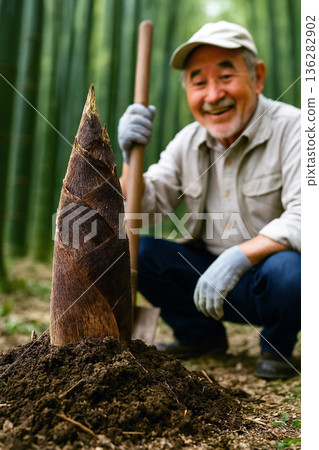 A man digging bamboo shoots 136282902