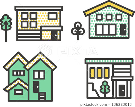 Deformed house and tree icon set 136283013