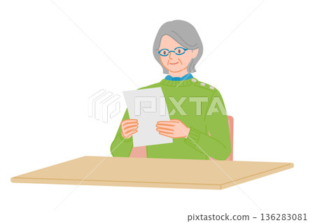 老婦人雙手捧著文件閱讀。插圖描繪了一位老人在辦公桌前查看流程的情景。 136283081