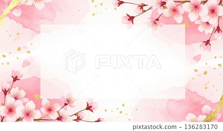 Background frame of watercolor cherry blossoms and gold-style decoration 136283170