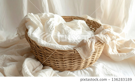 Natural background of white cloth and basket wrapped in natural light 136283189