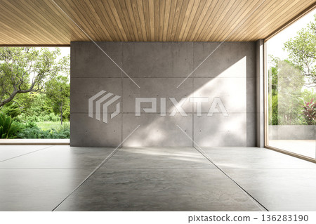 Minimalist empty loft room with exposed concrete walls 3d render. 136283190
