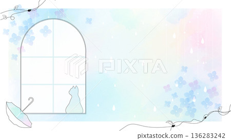 Rainy season window and cat silhouette watercolor background material (hydrangea, rain, umbrella) 136283242