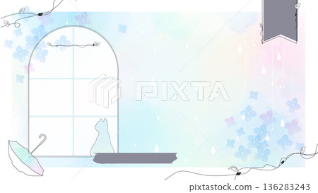 Rainy season window and cat silhouette watercolor background material (hydrangea, rain, umbrella) 136283243