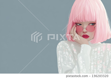 艾米系列：粉紅色頭髮的女子倚靠在網路空間中發光的設備上 | 人工智慧和未來科技圖像 136283320