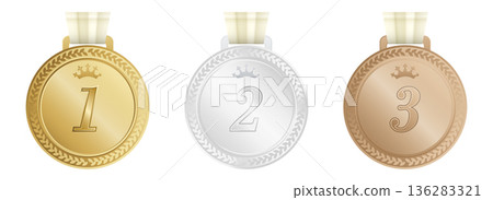 金牌、銀牌和銅牌，以及第一名、第二名和第三名排名獎勵，向量素材集。 136283321