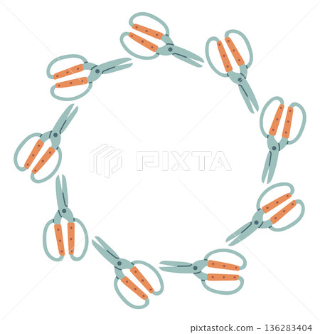 Vector circular frame made of garden scissors. Flat minimal illustration on white background, ideal for gardening themes, spring designs, DIY projects, floral branding, templates, posters, invitations Vector circular frame made of garden scissors. Flat minimal illustration on white background, ideal for gardening themes, spring designs, DIY projects, floral branding, templates, posters, invitations 136283404