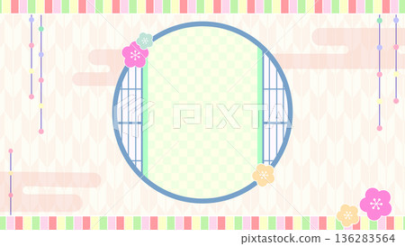 日式春季女兒節背景框素材（桃花、圓形窗戶、箭頭圖案、柔和的色彩） 136283564