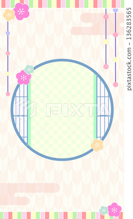 春季女兒節慶式背景框素材_直式款式（桃花、圓窗、箭頭圖案、粉彩色） 136283565