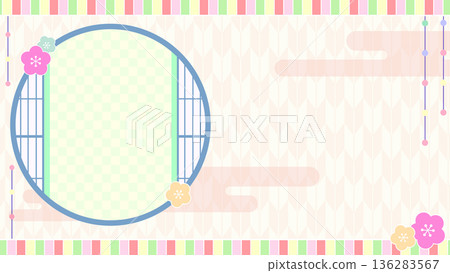 Japanese-style background frame material for the Spring Hinamatsuri (Girl's Day) (peach blossoms, round windows, arrow patterns, pastel colors) Japanese-style background frame material for the Spring Hinamatsuri (Girl's Day) (peach blossoms, round windows, arrow patterns, pastel colors) 136283567
