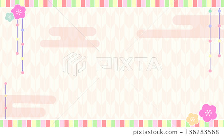 日式春季女兒節背景框素材（桃花、圓形窗戶、箭頭圖案、柔和的色彩） 136283568