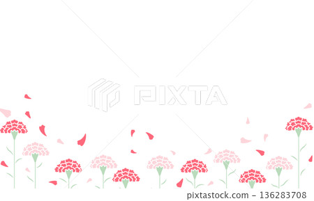 Red and pink carnations lined up below with fluttering petals Red and pink carnations lined up below with fluttering petals 136283708