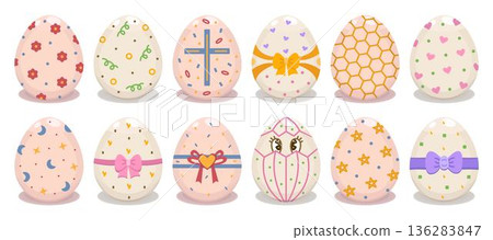 Colorful decorated Easter eggs with various patterns, vector icon big set. Color decorative holiday food signs. Creative festive pictograms, whimsical cliparts 136283847