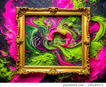 鮮豔的粉末藝術從金色畫框中傾瀉而出 136284172