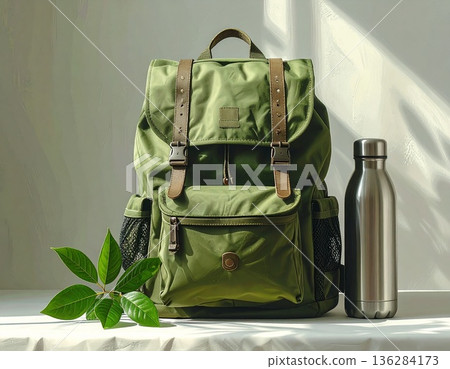 A green backpack and stainless steel bottle placed on a white background 136284173