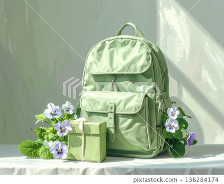 A green backpack and stainless steel bottle placed on a white background 136284174
