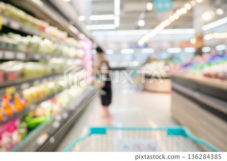 Grocery store aisle and shelves interior blurred background Grocery store aisle and shelves interior blurred background 136284385