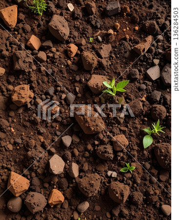 逼真的土壤紋理和鵝卵石地面。適用於建築和農業的背景紋理。 136284503