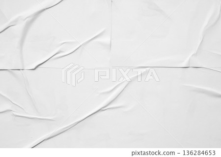 white crumpled and creased glued wrinkled paper poster texture background 136284653