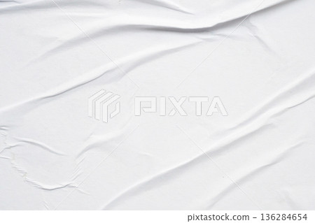 white crumpled and creased glued wrinkled paper poster texture background 136284654