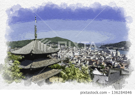 Watercolor style: Onomichi townscape, Tenneiji Temple three-story pagoda, Onomichi City, Hiroshima Prefecture Watercolor style: Onomichi townscape, Tenneiji Temple three-story pagoda, Onomichi City, Hiroshima Prefecture 136284846