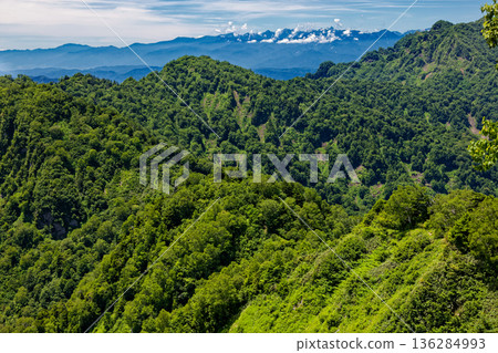 Cloud-filled Northern Alps mountain range seen from the hiking trail between Mt. Togakushi and Mt. Takatsuma 136284993