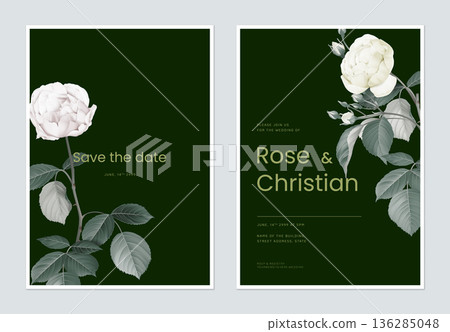 Floral wedding invitation card template design, pink and yellow roses with leaves on dark green Floral wedding invitation card template design, pink and yellow roses with leaves on dark green 136285048