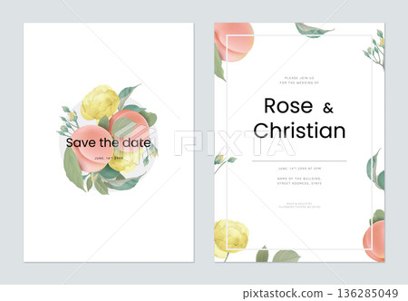 Floral wedding invitation card template design, yellow roses and peaches with leaves on white Floral wedding invitation card template design, yellow roses and peaches with leaves on white 136285049
