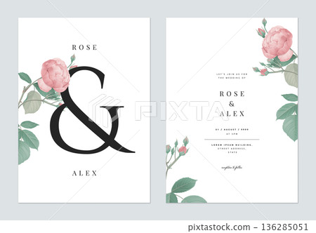 Floral wedding invitation card template design, pink Japanese quince flowers with ampersand lettering on white, pastel vintage theme 136285051
