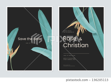 Minimalist foliage wedding invitation card template design, heliconia and green long leaves on black Minimalist foliage wedding invitation card template design, heliconia and green long leaves on black 136285113