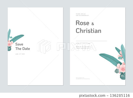 Minimalist floral wedding invitation card template design, pink Pelargonium zonale flowers and leaves on white 136285116