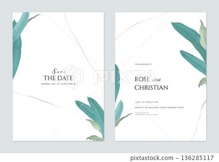 Minimalist foliage wedding invitation card template design, green long leaves on white Minimalist foliage wedding invitation card template design, green long leaves on white 136285117