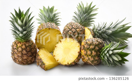 切好的菠蘿整齊地排列在白色背景上 | 熱帶水果圖片 136285126