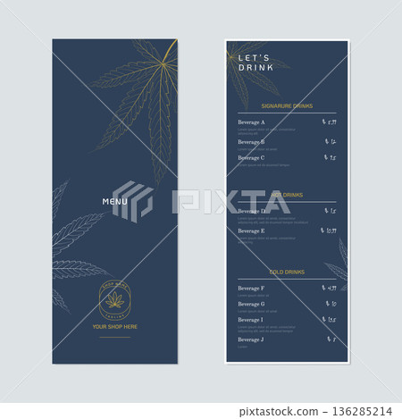 Beverage menu template design, cannabis leaves on blue 136285214