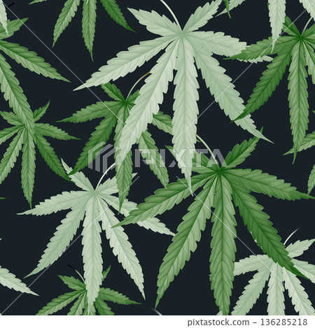 Foliage seamless pattern, green cannabis leaves on dark grey 136285218