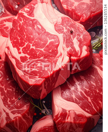 A close-up of marbled Wagyu beef. Vibrant red meat and beautiful marbling. 136285534
