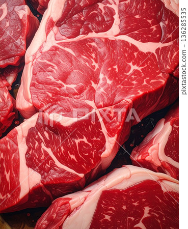 A close-up of marbled Wagyu beef. Vibrant red meat and beautiful marbling. 136285535