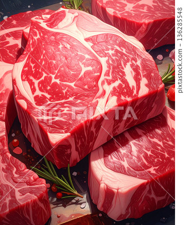 特寫鏡頭下的大理石紋和牛。鮮亮的紅色肉質和美麗的油花分佈。 136285548