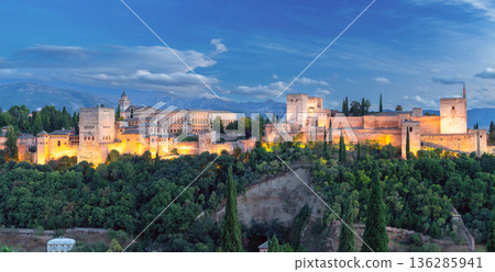 Panoramic View of Alhambra Fortress in Granada, Spain at Dusk 136285941