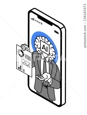 AI男性顧問正在展示一款等距視角的商業分析智慧型手機應用。 136285973