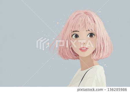 Emi Series: Pink-haired woman looking back with a smile | Visual image with copy space Emi Series: Pink-haired woman looking back with a smile | Visual image with copy space 136285986