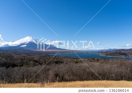 從山中湖全景平台看到的山中湖和冬季的山中湖 136286014