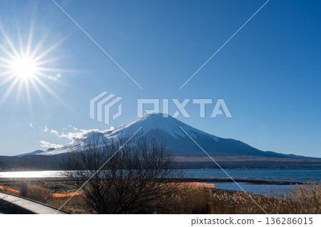 Snow-covered Mount Fuji seen from Lake Yamanaka 136286015