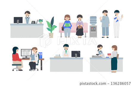 A set of illustrations of a series of scenes in a medical institution, from hospital reception to examination and payment 136286057