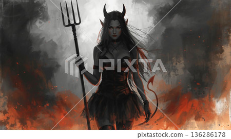 Illustration of a female devil holding a fork Illustration of a female devil holding a fork 136286178