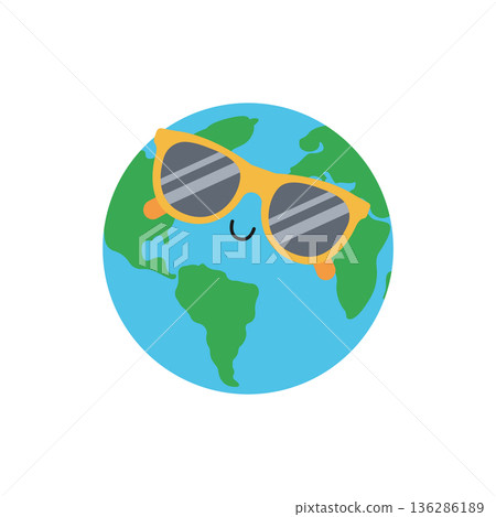 Cute planet Earth wearing yellow sunglasses. Vector flat illustration isolated on a white background Cute planet Earth wearing yellow sunglasses. Vector flat illustration isolated on a white background 136286189