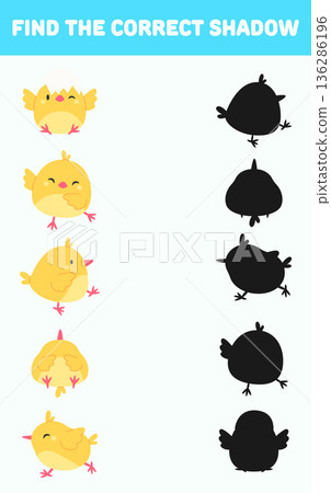 Find the correct shadow. Simple set of cute different chickens. Hand-drawn. Isolated characters. Flat style 136286196
