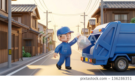 垃圾工人和垃圾車在居民區收集垃圾 136286351